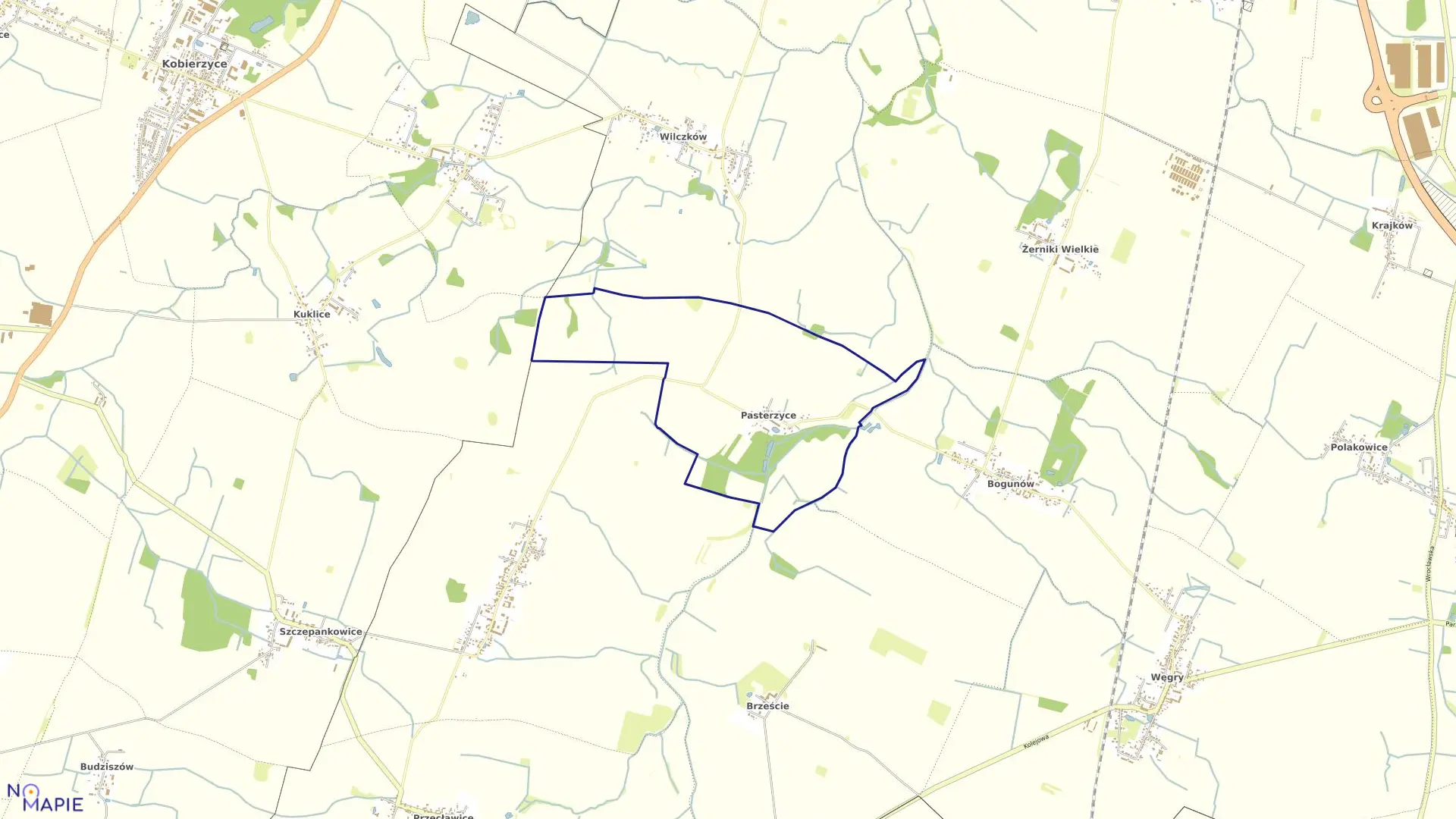 Mapa obrębu Pasterzyce w gminie Żórawina